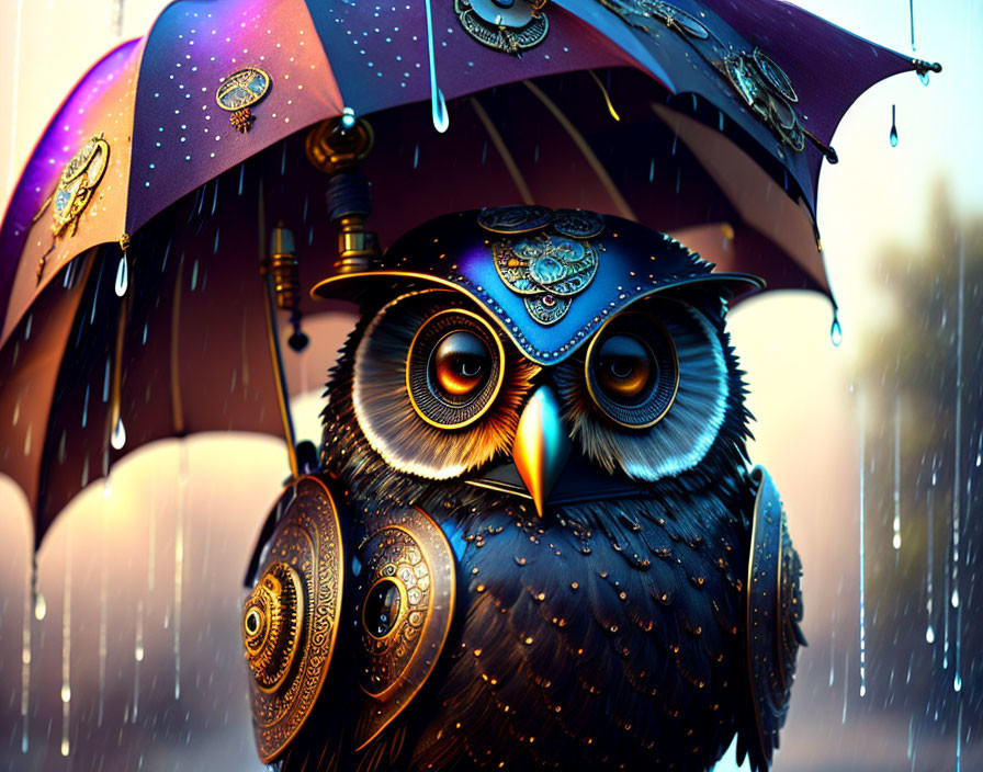 Steampunk-style owl with metallic detailing under colorful umbrella