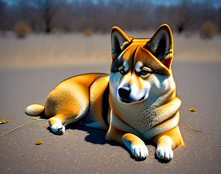 Shiba Inu dog lying down on ground with fallen leaves on sunny day