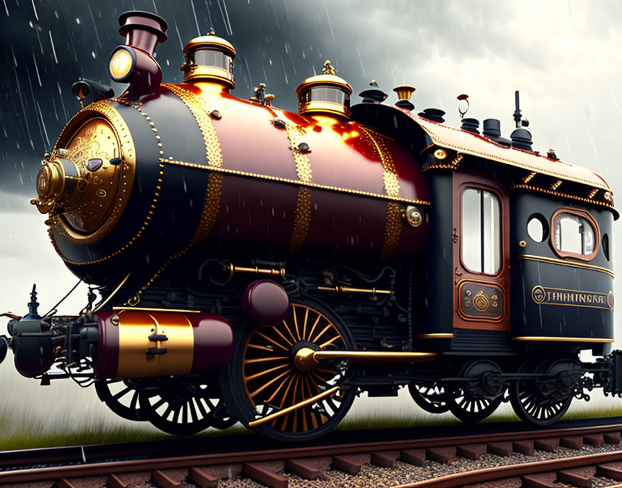 Vintage ornate steam locomotive "The Lightning" on rainy tracks