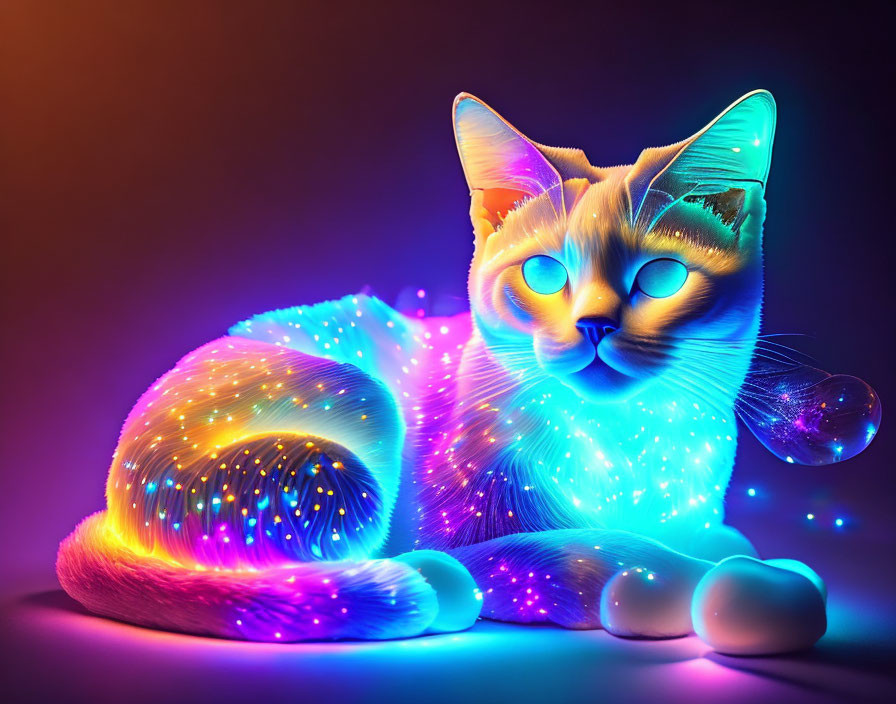 Colorful Neon-Lit Digital Artwork of Glowing Cat on Multicolored Background