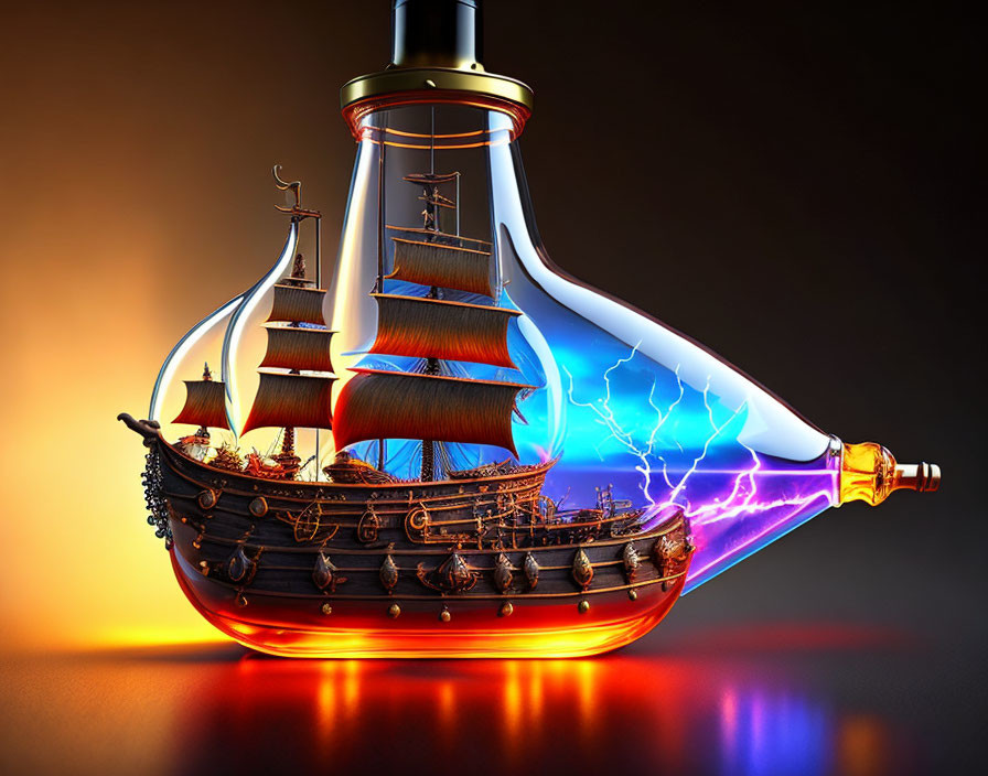 Detailed Ship in Glass Bottle with Storm and Lightning on Orange Background