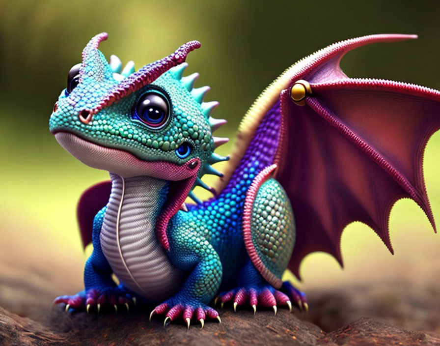 Colorful dragon with blue scales and purple wings on soft natural background