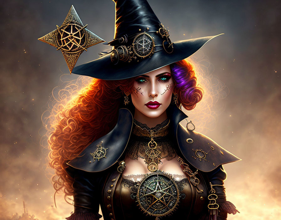 Vibrant Red-Haired Witch in Occult Attire on Mystical Background