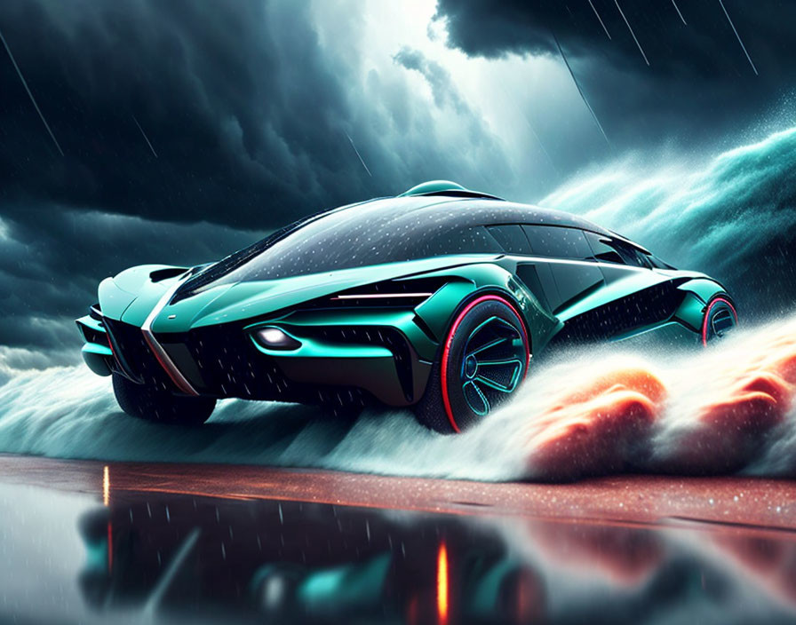 Futuristic teal sports car with glowing wheels on wet road under stormy sky