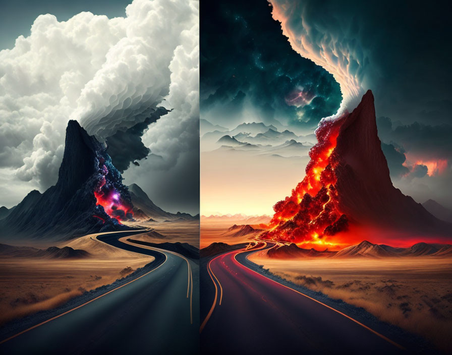 Surreal split scene: calm mountain vs. fiery volcanic eruption