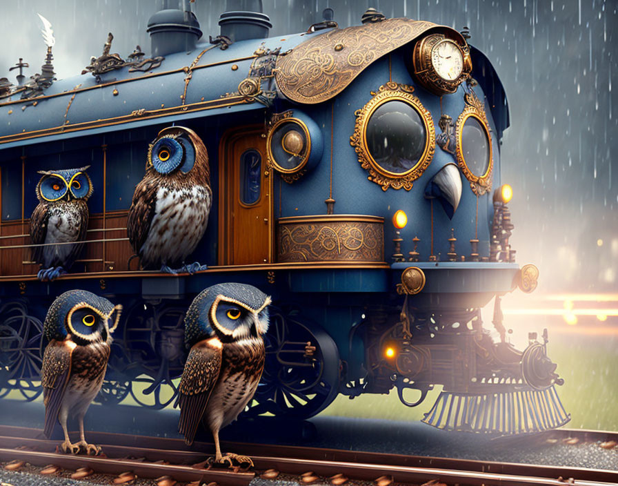 Whimsical steampunk blue train and owls in rainy setting