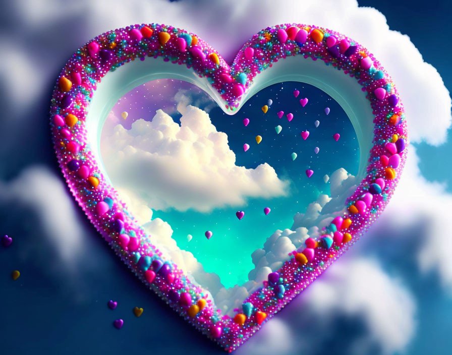 Colorful Beaded Heart-Shaped Frame with Whimsical Sky