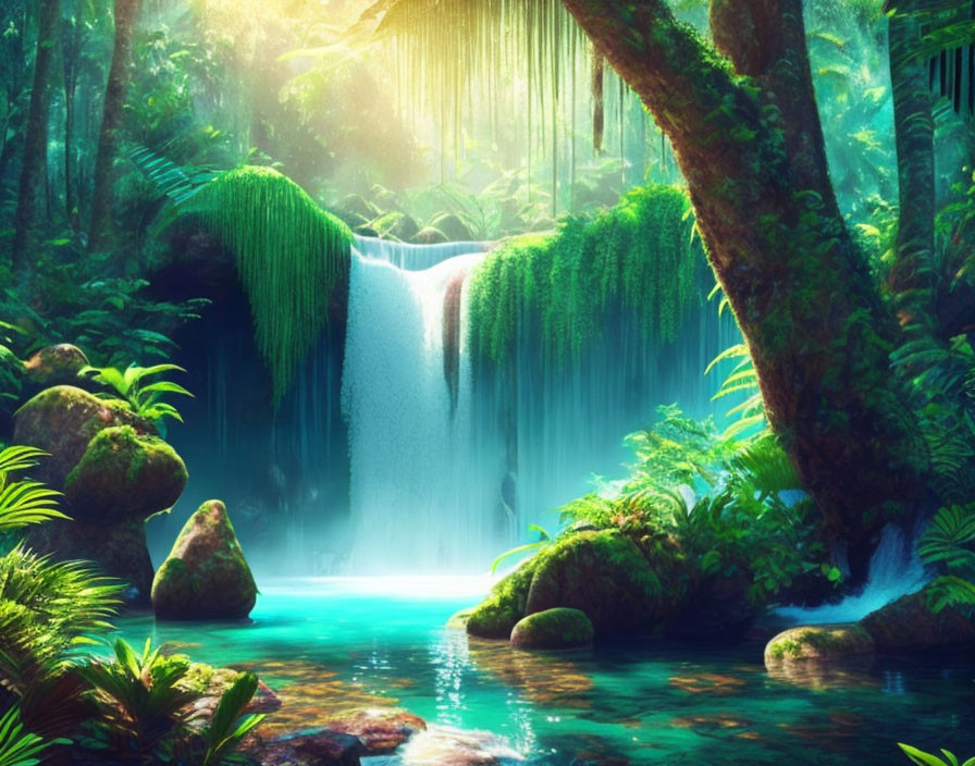 Tropical waterfall with lush greenery and sun rays above blue waters