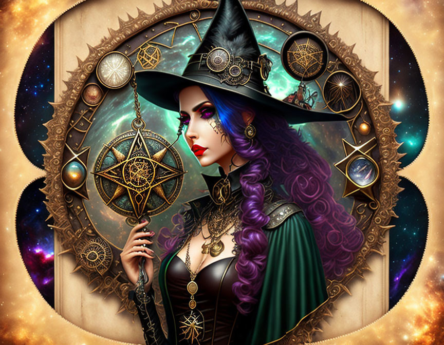 Purple-haired witch with pointed hat surrounded by cosmic symbols and golden pentacle.