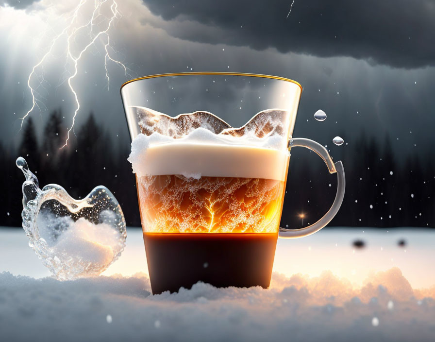 Steaming Beverage in Snowy Landscape with Lightning Sky