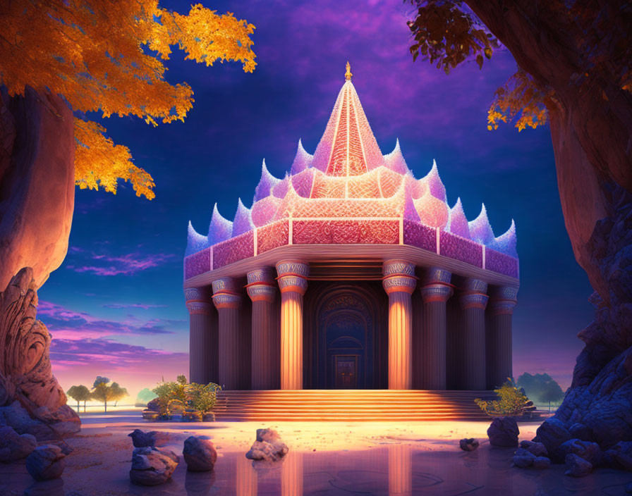 Fantasy-style temple with pointed spire at twilight in purple sky