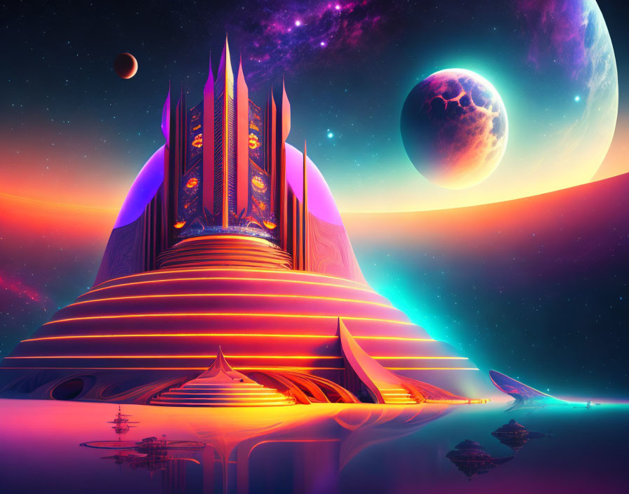 Futuristic purple and gold structure in vibrant sci-fi landscape