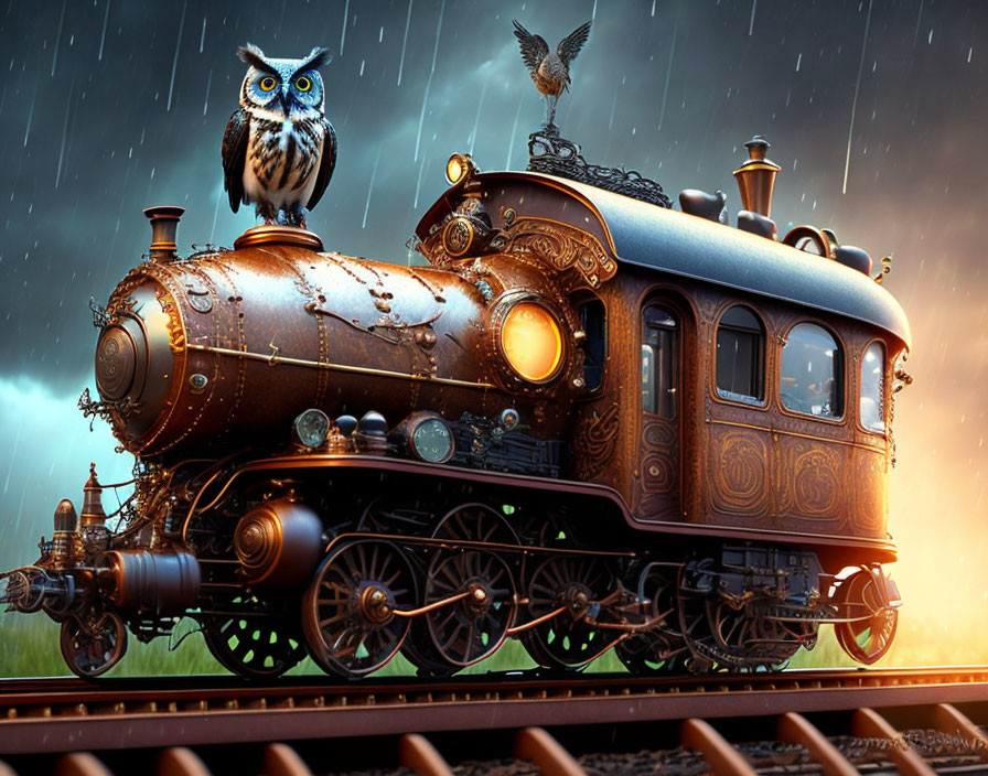 Vintage steam train with owl on rainy tracks