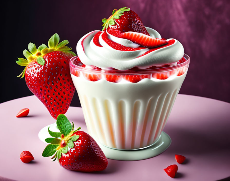 Creamy Dessert with Sliced Strawberries in Glass Bowl on Purple Background