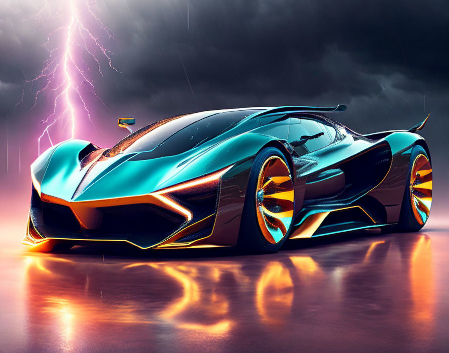 Futuristic blue sports car with orange accents under stormy sky