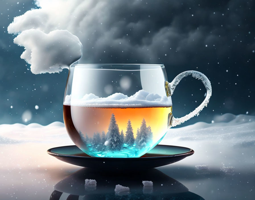 Transparent Tea Cup on Saucer with Snowy Landscape and Starry Sky