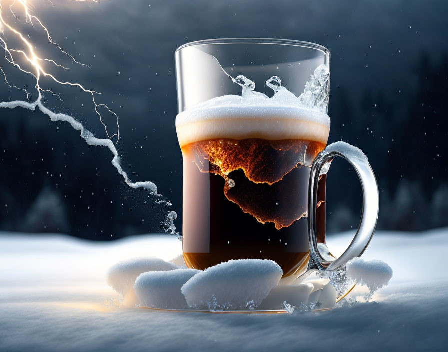 Glass mug with dark liquid and foam against snowy background with lightning