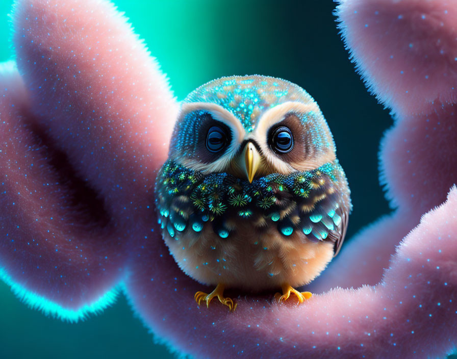 Whimsical digital artwork: Sparkling owl on teal background