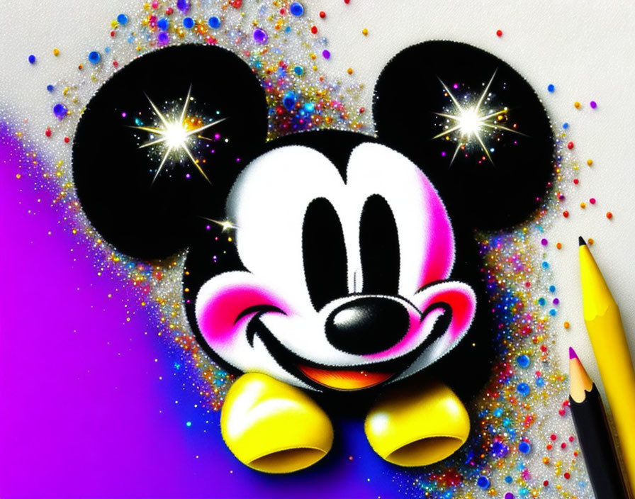 Colorful Mickey Mouse face drawing with sparkles and pencils