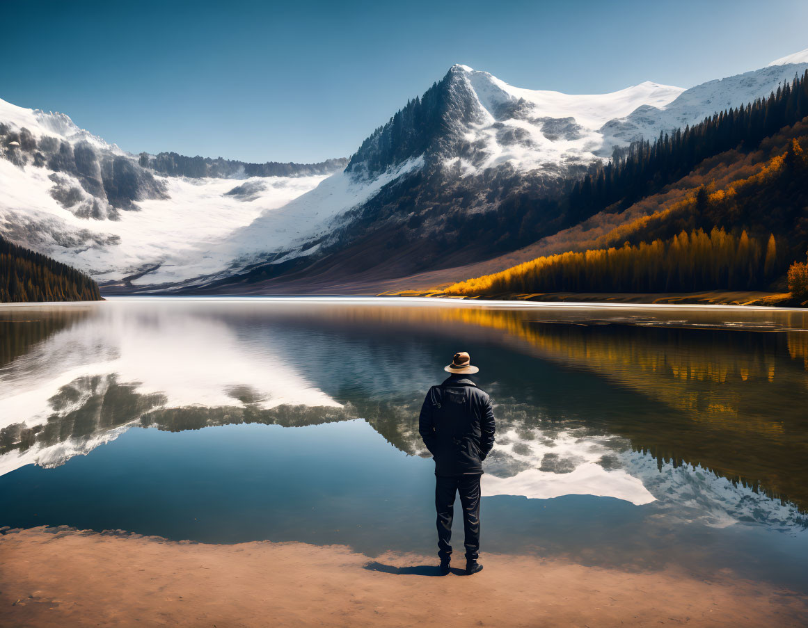 Person in hat by calm lake with snow-capped mountains and autumn trees.