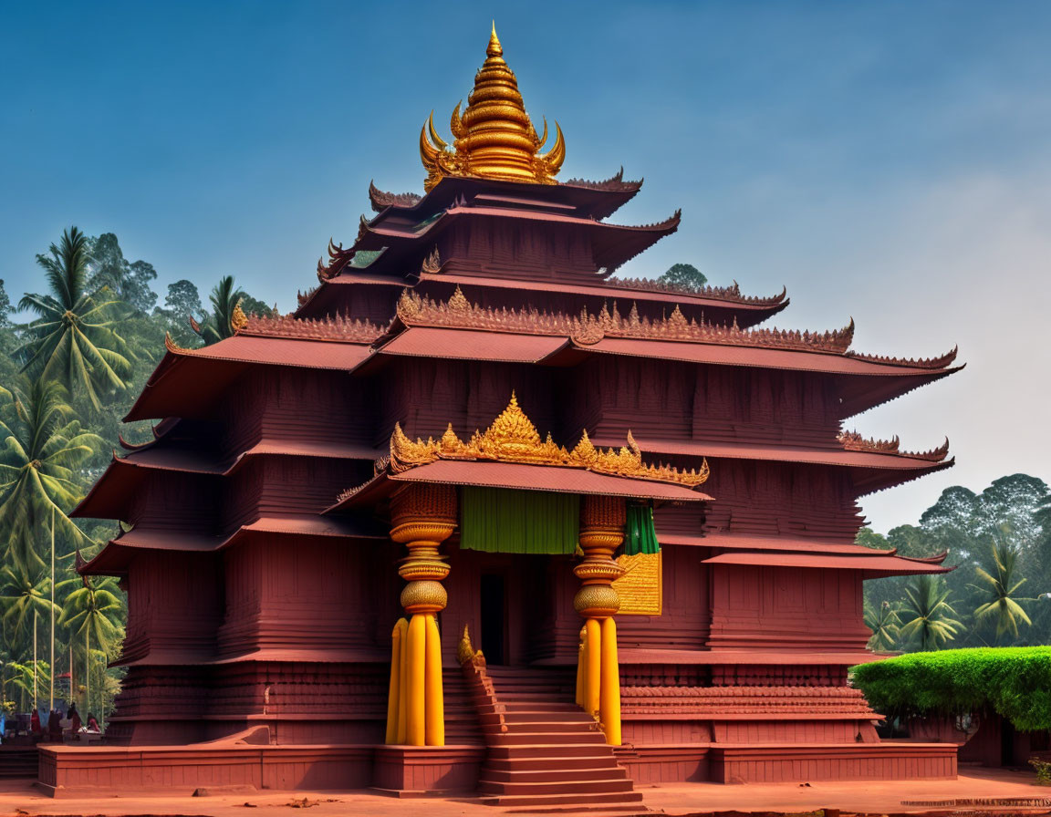 Red Multi-Tiered Pagoda with Golden Accents and Staircase in Green Landscape