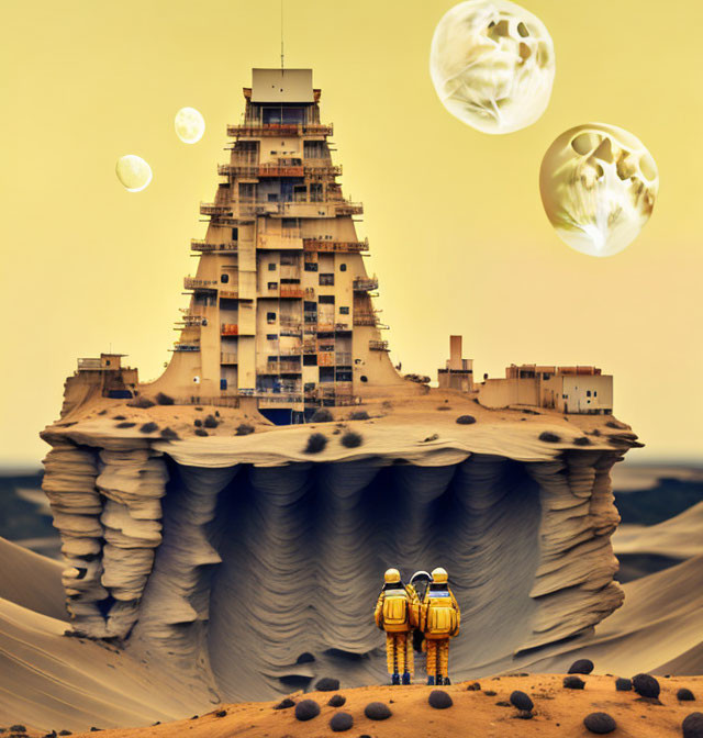 Astronauts view layered structure on sandy planet with floating bubbles in yellow sky