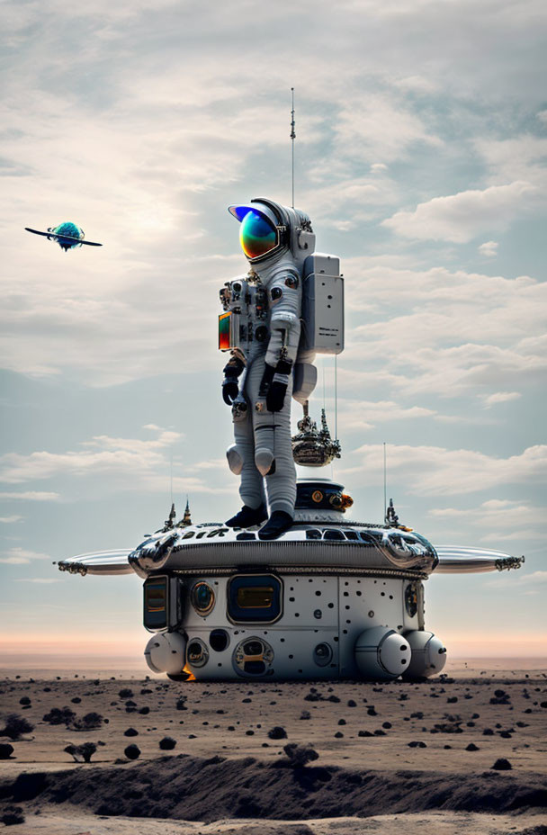 Astronaut with reflective visor on futuristic vehicle in barren landscape with drone.