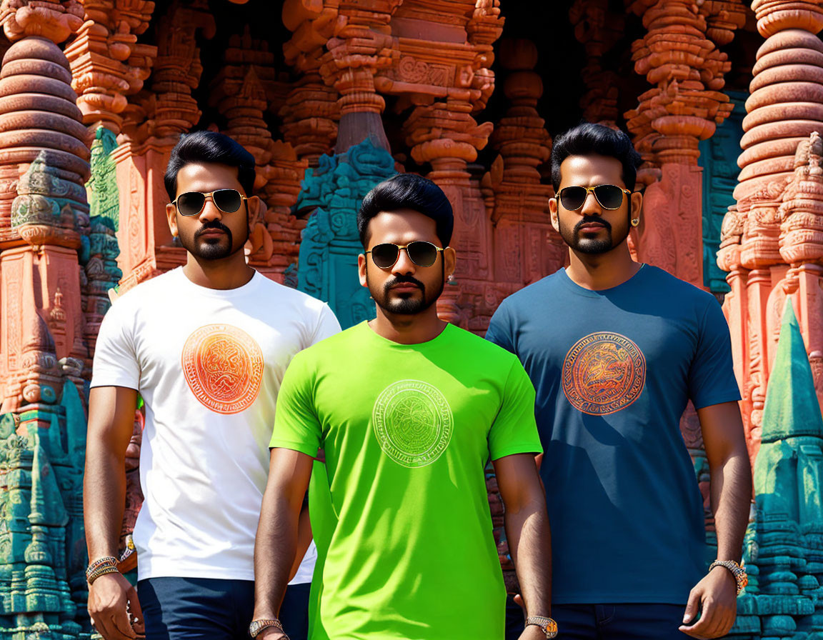 Men in sunglasses and circular t-shirts pose by ornate temple