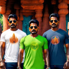 Men in sunglasses and circular t-shirts pose by ornate temple