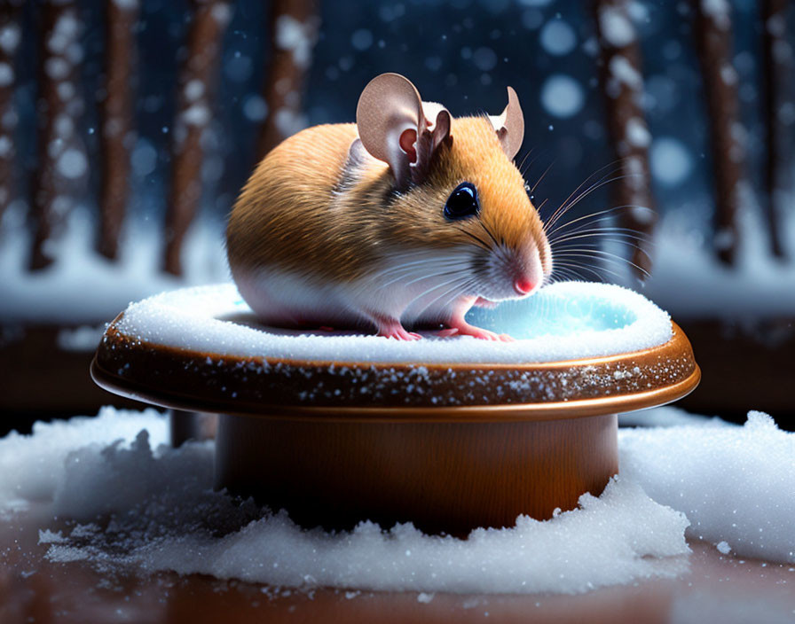 Tiny mouse on snow pedestal in front of night trees