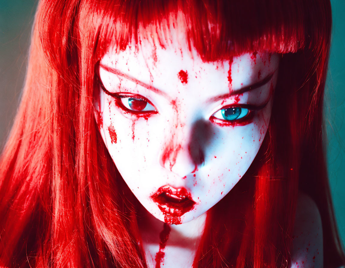 Red-haired person with striking blue eyes covered in blood