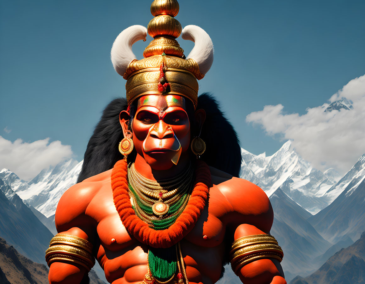 Digital art: Hanuman deity with golden crown and Himalayan backdrop