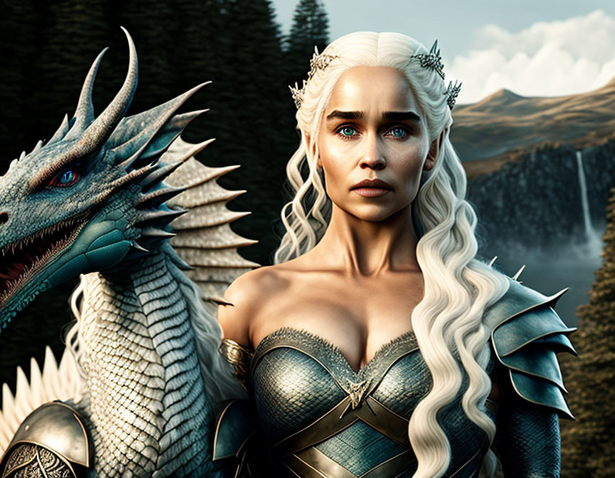 Pale-skinned woman in medieval armor with white-blond hair and dragon, mountains in background