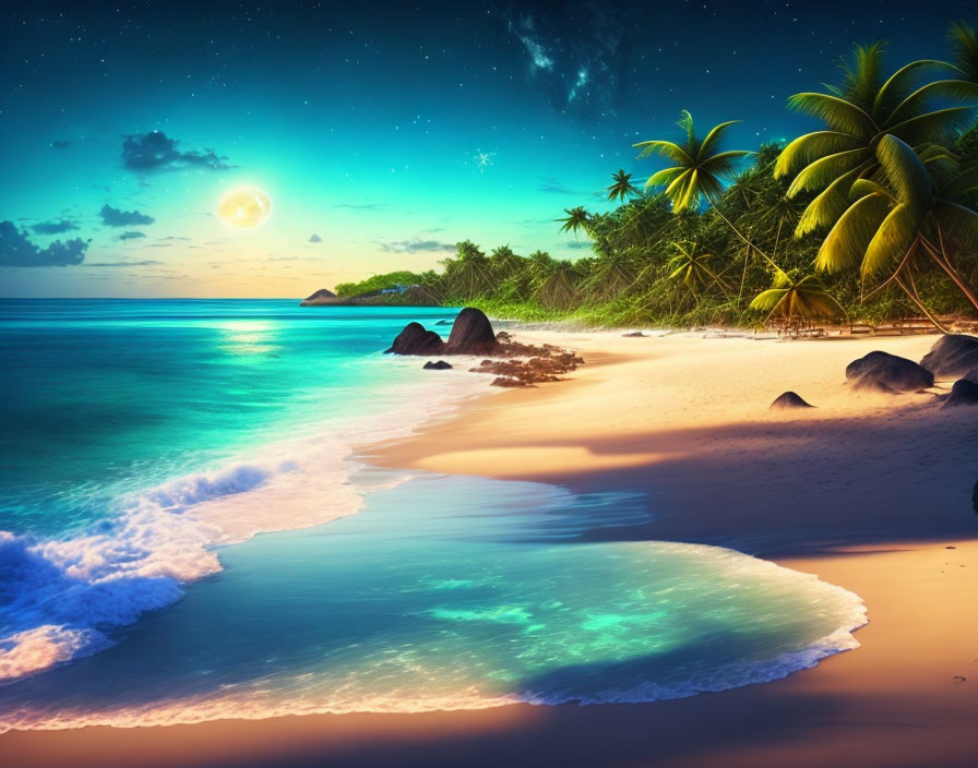 Tropical beach at twilight with moonrise, stars, palm trees, and gentle surf