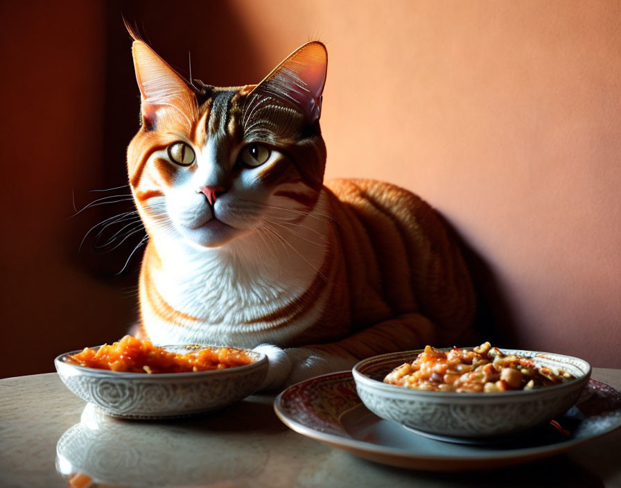 Orange and White Striped Cat Beside Two Food Bowls in Warm Light