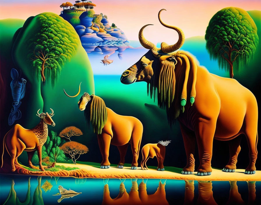 Colorful artwork: large stylized bull, animals, lush vegetation, reflective water, surreal sky