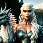 Pale-skinned woman in medieval armor with white-blond hair and dragon, mountains in background