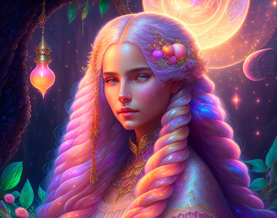 Multicolored hair woman portrait in mystical night scene