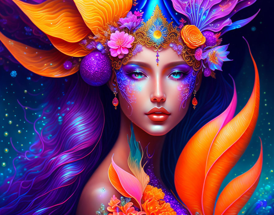 Colorful digital artwork: Woman with multicolored hair, flowers, jewels, feathers on starry