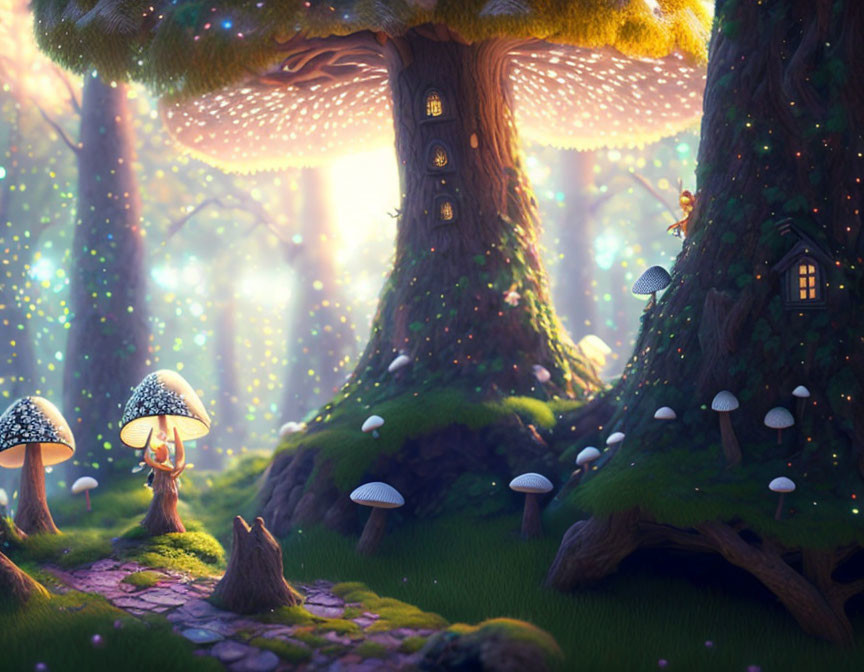 Mystical forest with glowing mushrooms and tiny doors