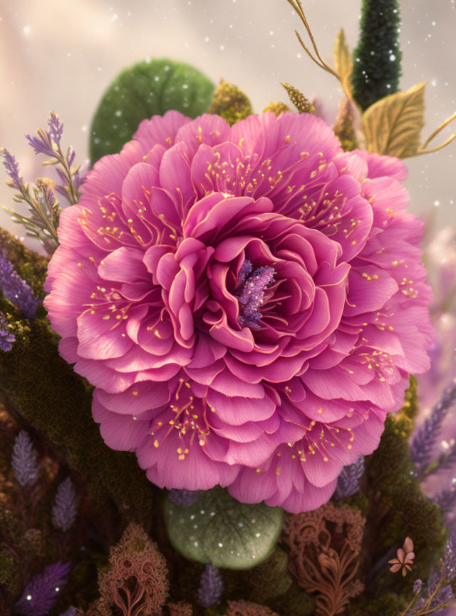 Detailed Pink Peony Surrounded by Fantasy Plants and Gold Speckles