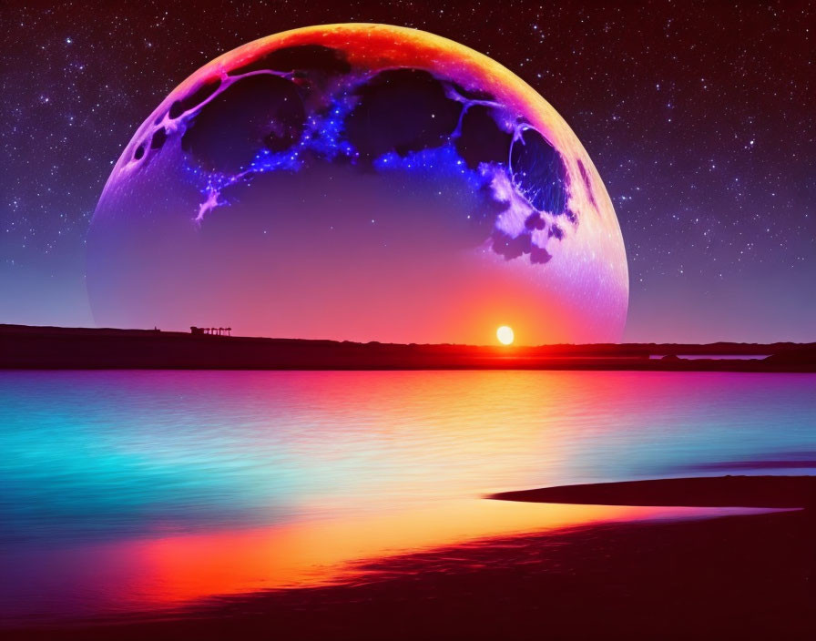 Vivid sunset landscape with fantastical planet over water