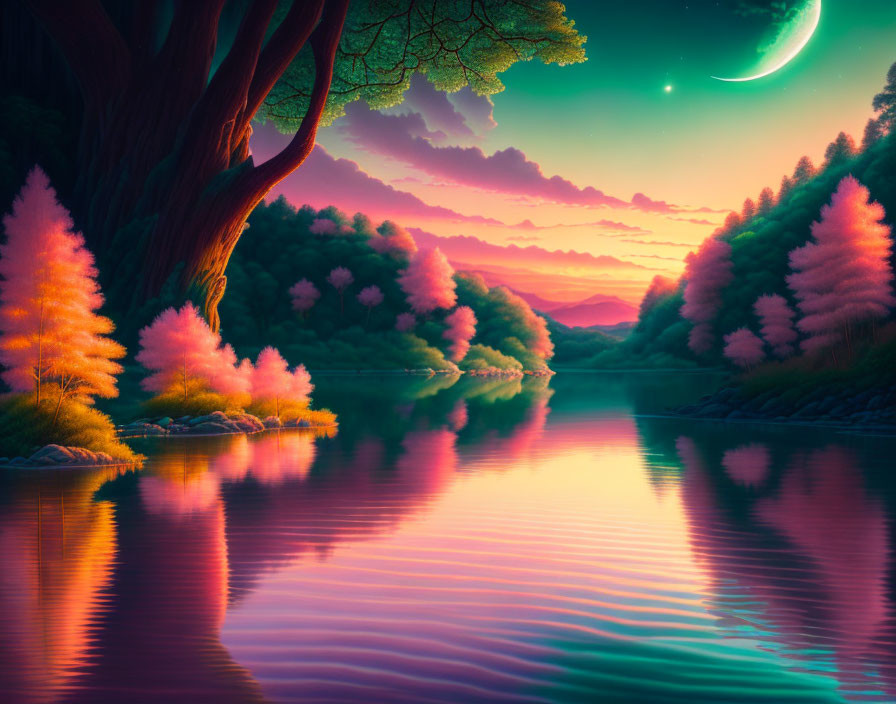 Colorful landscape at sunset with crescent moon over reflective lake and pink-orange foliage under purple sky