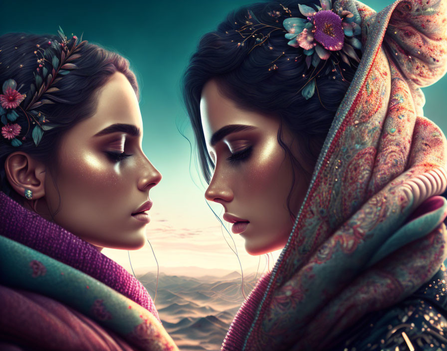 Two women with decorative makeup and embellished hair in colorful shawls against rolling hills