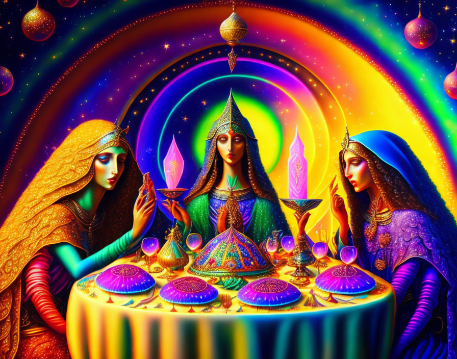 Three mystical women in colorful robes with ornate bowls and cups against cosmic background