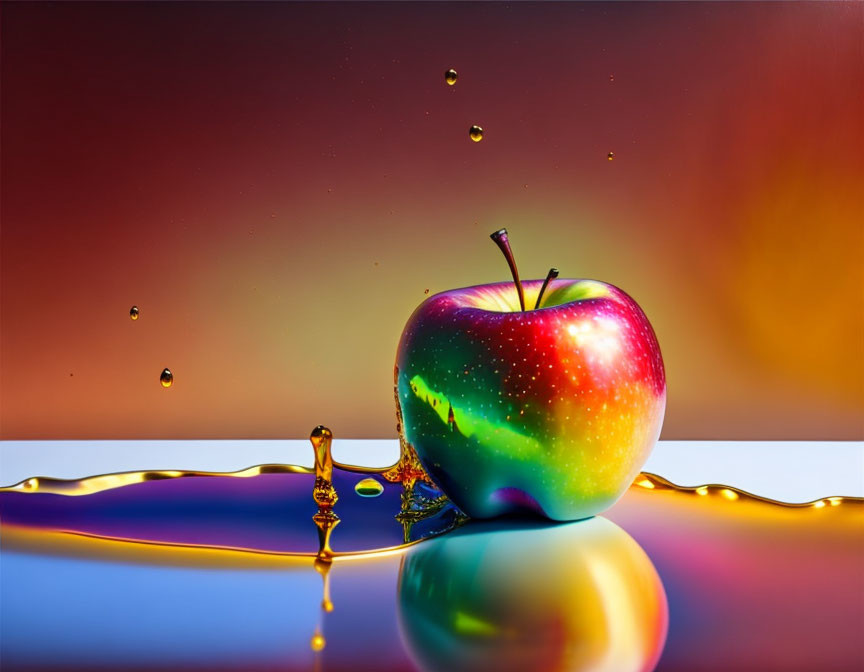 Colorful apple with liquid splash on glossy surface in vibrant image