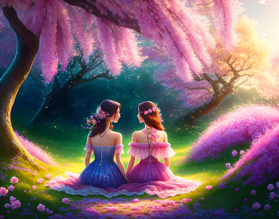 Two women in elegant dresses under blossom trees in a magical, flower-filled dusk landscape.