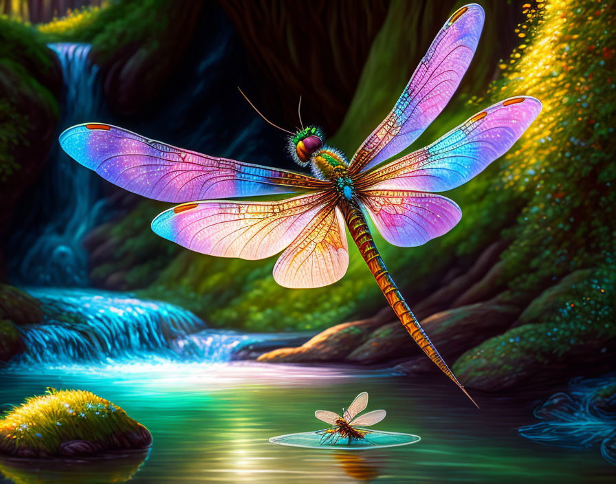 Vibrant digital artwork: Oversized dragonfly over mystical forest stream