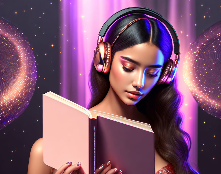 Digital artwork: Woman with headphones reading book in cosmic setting