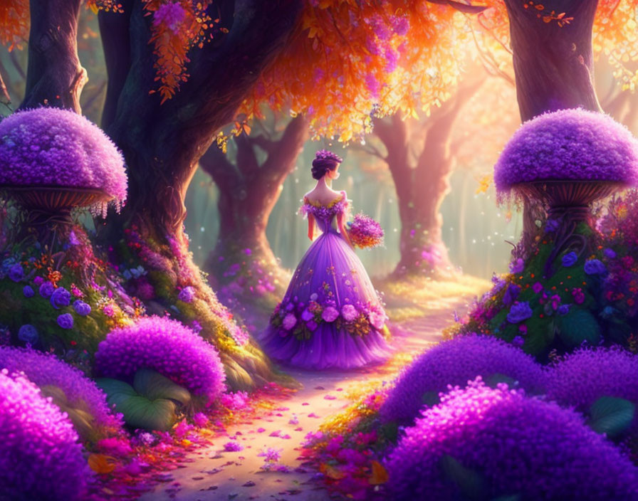 Woman in purple dress walking through enchanted forest with vibrant flora and whimsical trees